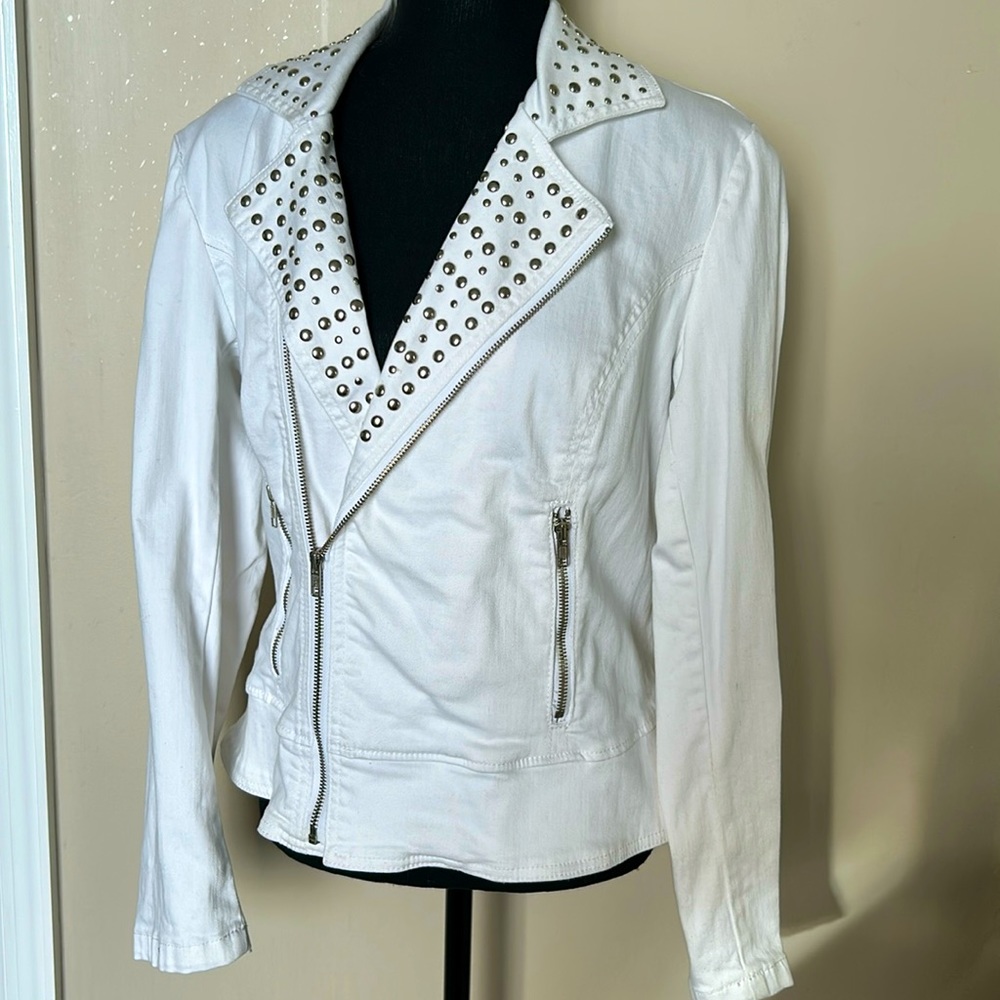 White jean jacket look with studs, size large